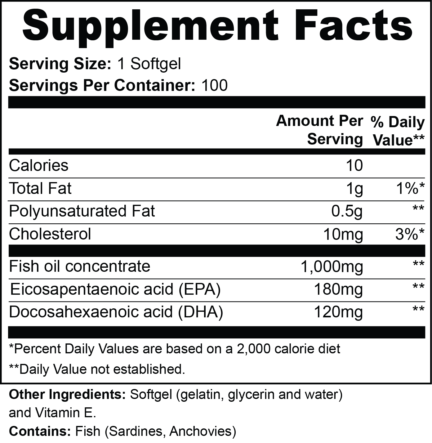 Omega-3 Fish Oil — 100 Softgels (EPA 180 mg • DHA 120 mg)